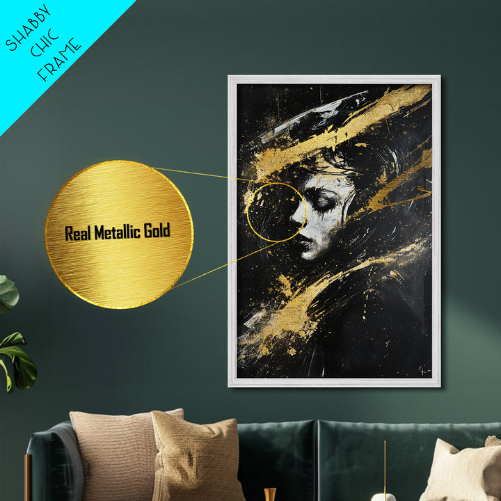 Abstract Haunted Portrait Metallic Gold Art, Gothic Spooky Season Metal Art Face Painting, framed in rustic real wood