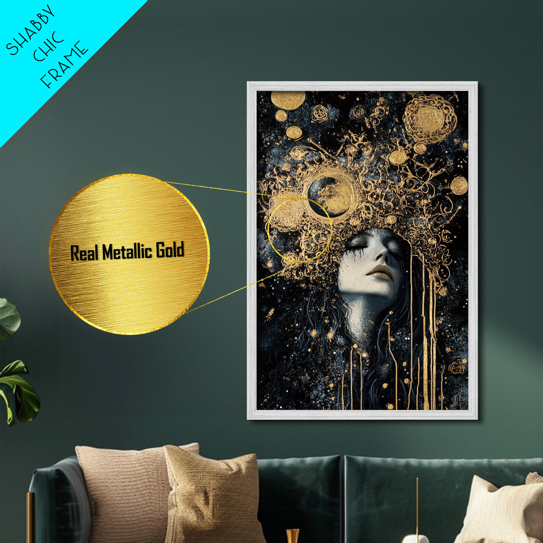 Celestial Gothic Queen Metallic Gold Art, Spooky Season Witchy Cosmic Metal Art, Halloween horror decor in real wood frame