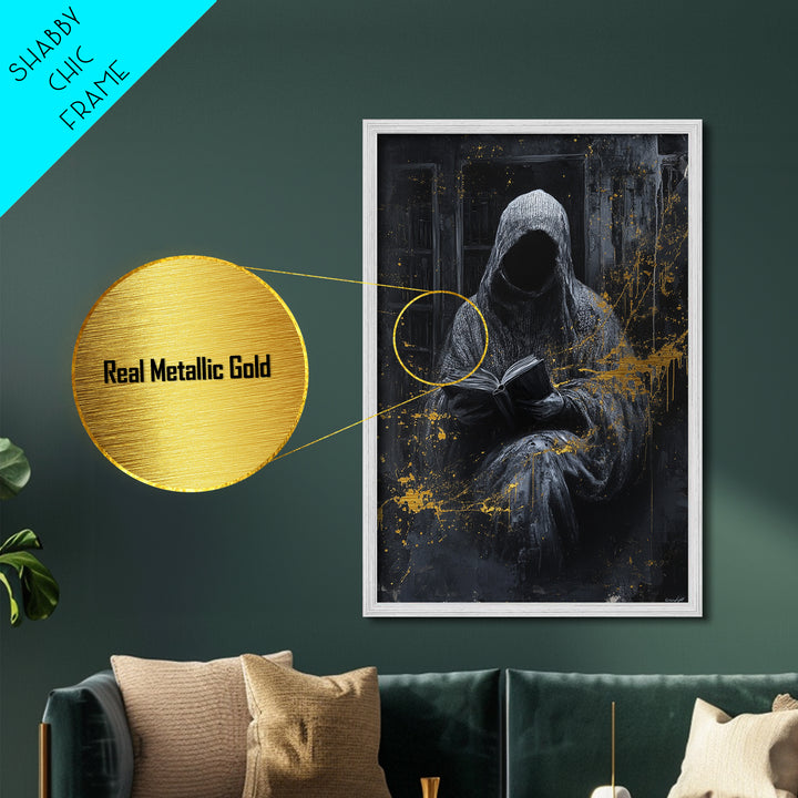 Hooded Grim Reader Metallic Gold Art, Haunted Spooky Season Horror Metal Art Wall Decor, with natural wood frame finish
