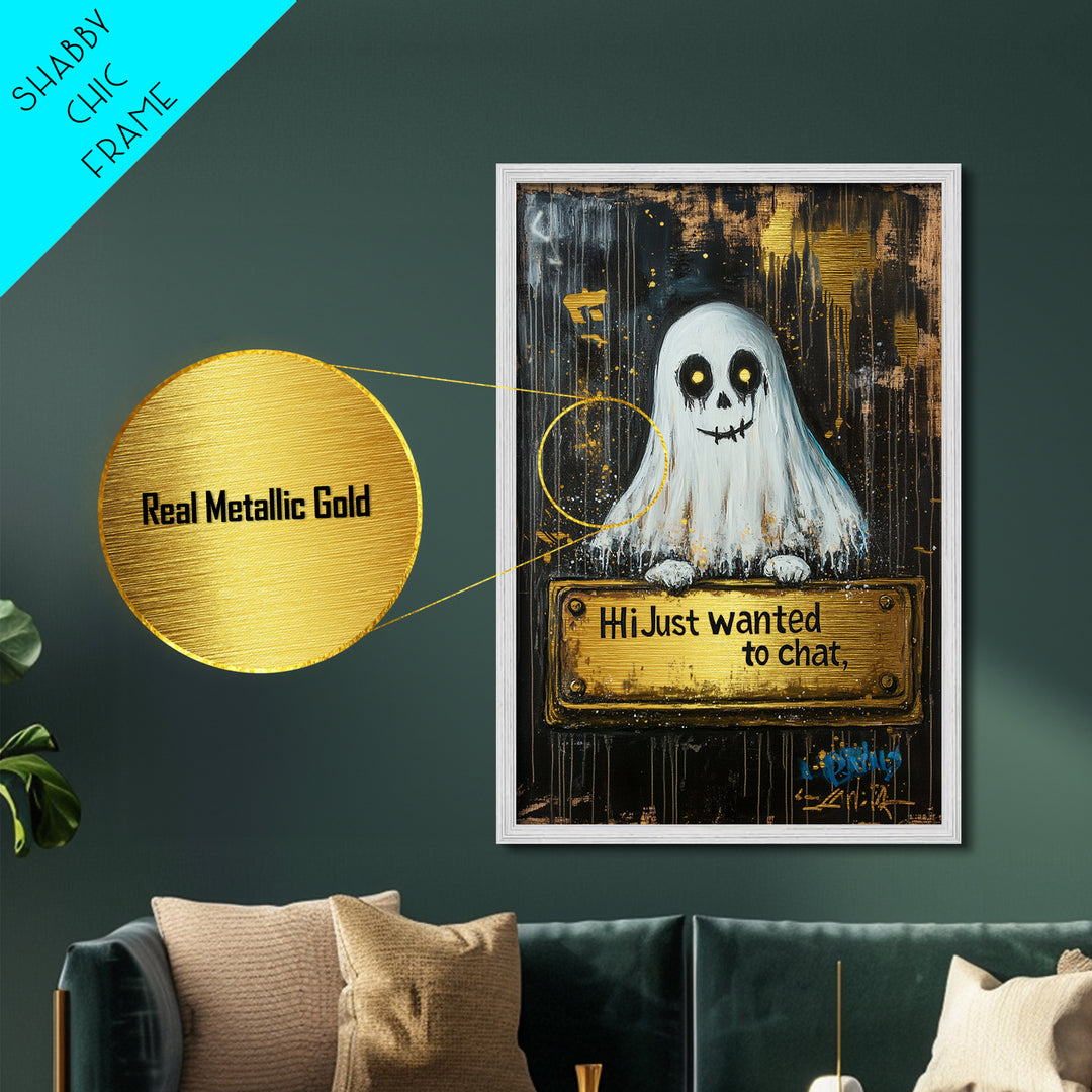 Spooky Ghost Greeting Wall Decor, Metallic Gold Art Metal Art with Natural Wood Frame, Halloween Haunted Gothic Artwork