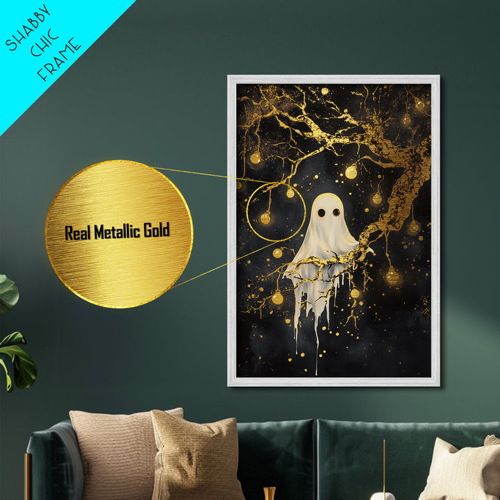 Haunted Tree Ghost Halloween Decor, Metal Art Metallic Gold Art in Real Wood Frame, Spooky Gothic Night Wall Hanging