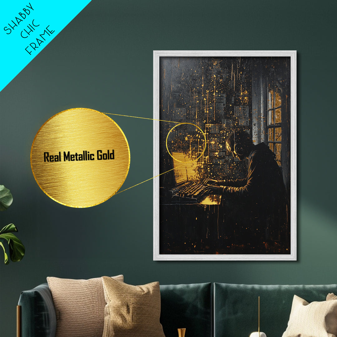 Dark Hacker at Computer Halloween Wall Art, Metallic Gold Art Metal Art Framed in Solid Wood, Spooky Tech Gothic Decor