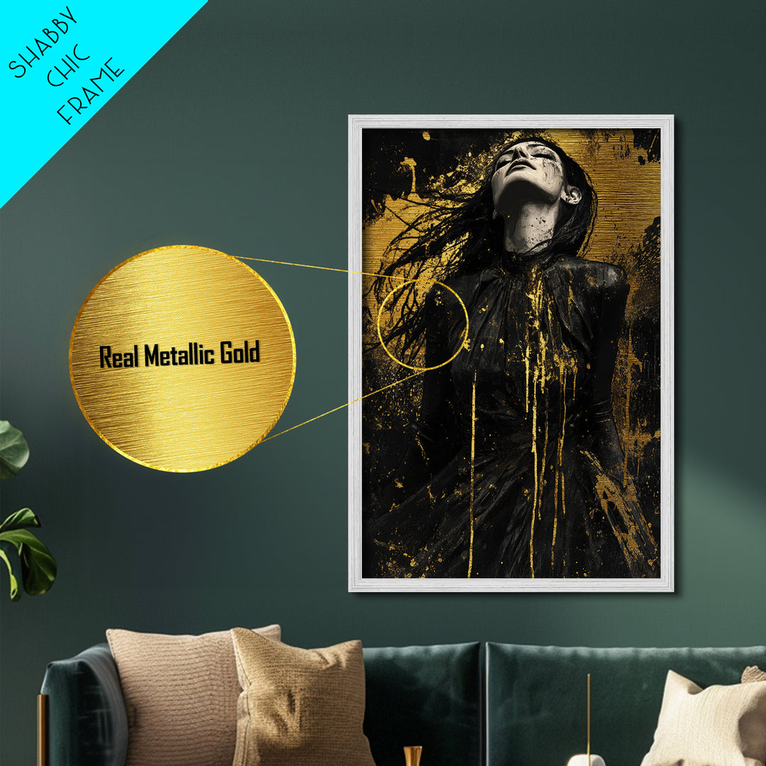 Dark Enchanted Woman Metallic Gold Art Metal Art Spooky Gothic Halloween Horror Wall Hanging framed with real wood