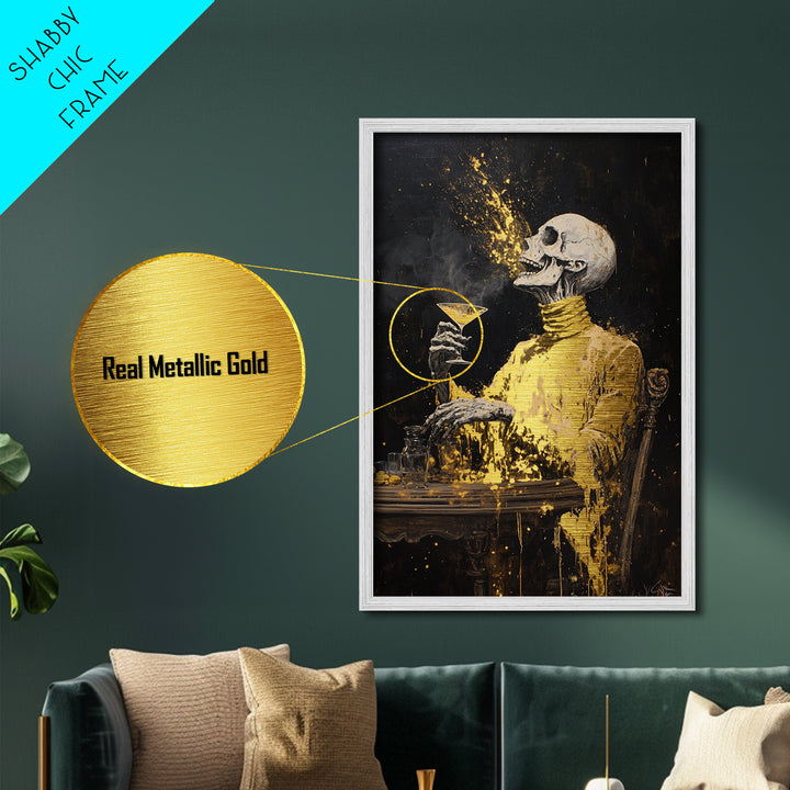 Skeleton Toasting Halloween Party Print, Metal Art Metallic Gold Art with Real Wood Frame, Gothic Haunted Bar Wall Decor