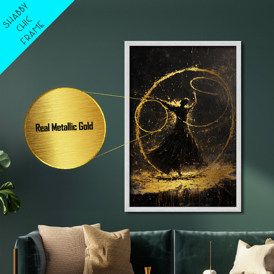 Witchy Dance Circle Halloween Painting, Metallic Gold Art Metal Art Framed in Natural Wood, Spooky Magical Gothic Artwork