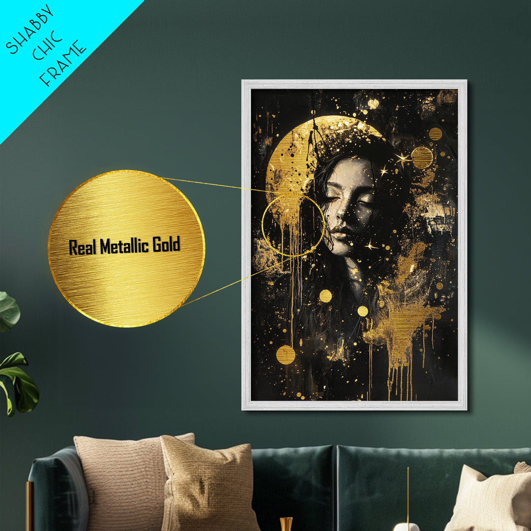 Moonlit Gothic Woman Halloween Portrait, Metal Art Metallic Gold Art in Real Wood Frame, Haunted Spooky Season Wall Decor