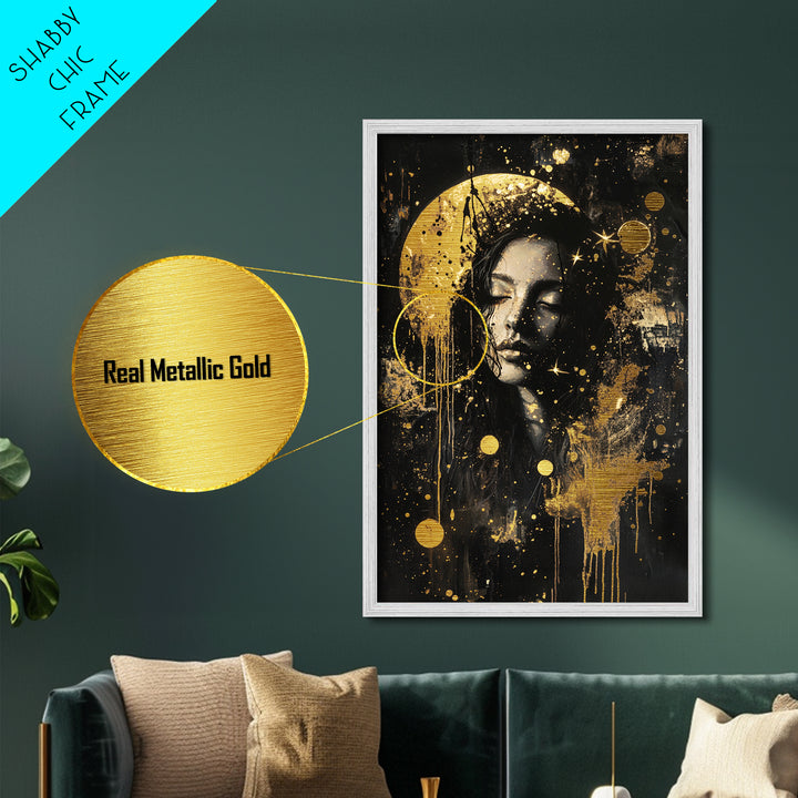 Moonlit Gothic Woman Halloween Portrait, Metal Art Metallic Gold Art in Real Wood Frame, Haunted Spooky Season Wall Decor