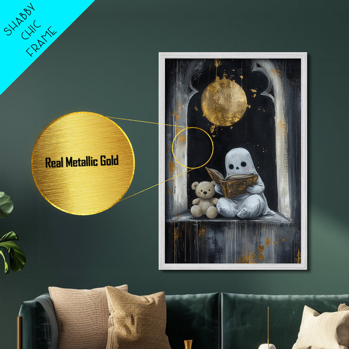 Cute Ghost Reading Book Halloween Print, Metallic Gold Art Metal Art with Wooden Frame, Spooky Nursery Haunted Wall Art