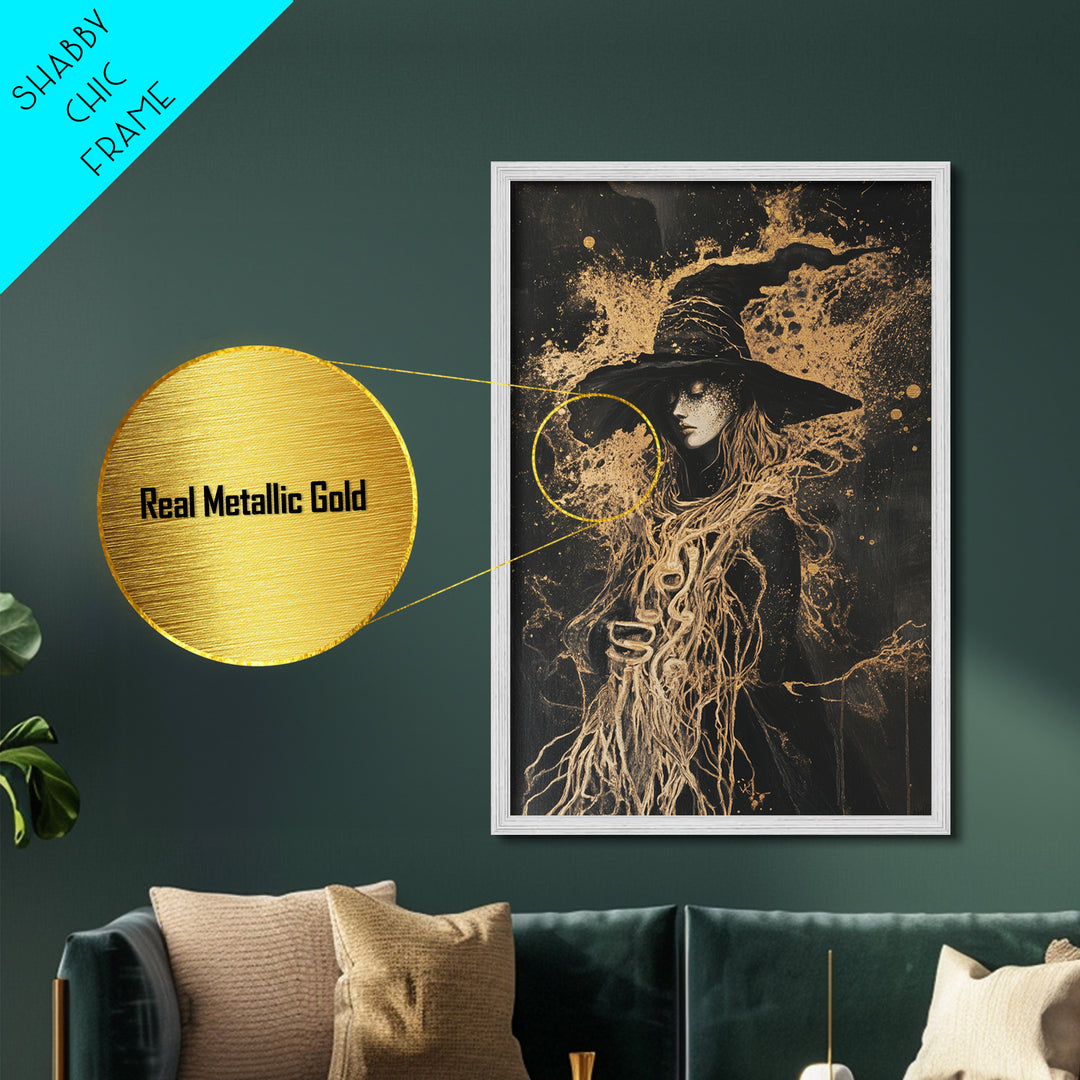 Witch with Serpent Roots Halloween Art, Metallic Gold Art Metal Art in Framed Wood, Gothic Spooky Season Haunted Decor
