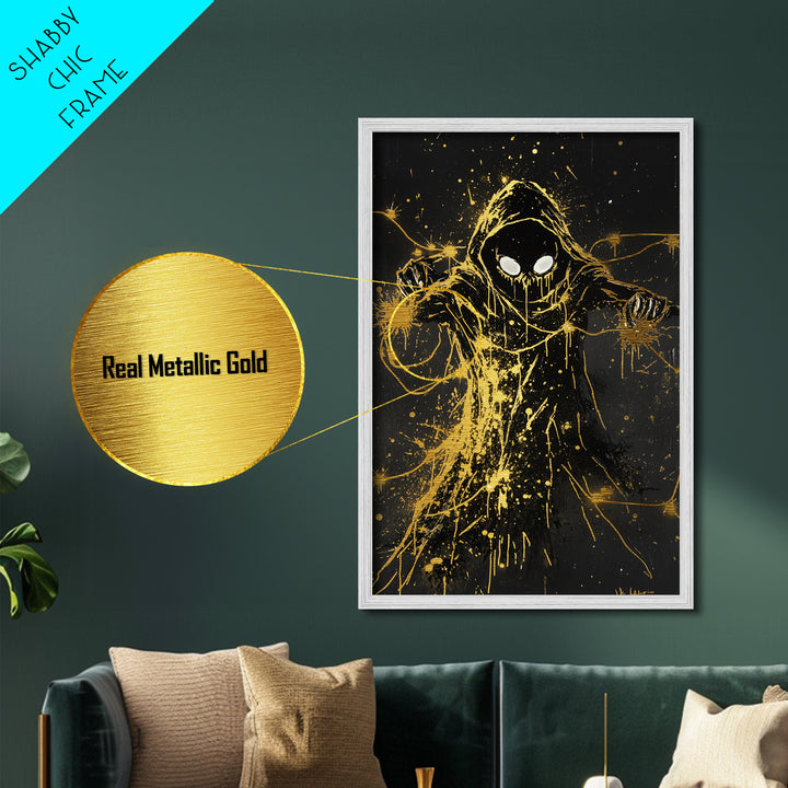 Hooded Reaper Halloween Wall Hanging, Metal Art Metallic Gold Art with Real Wood Frame, Creepy Spooky Haunted Gothic Print