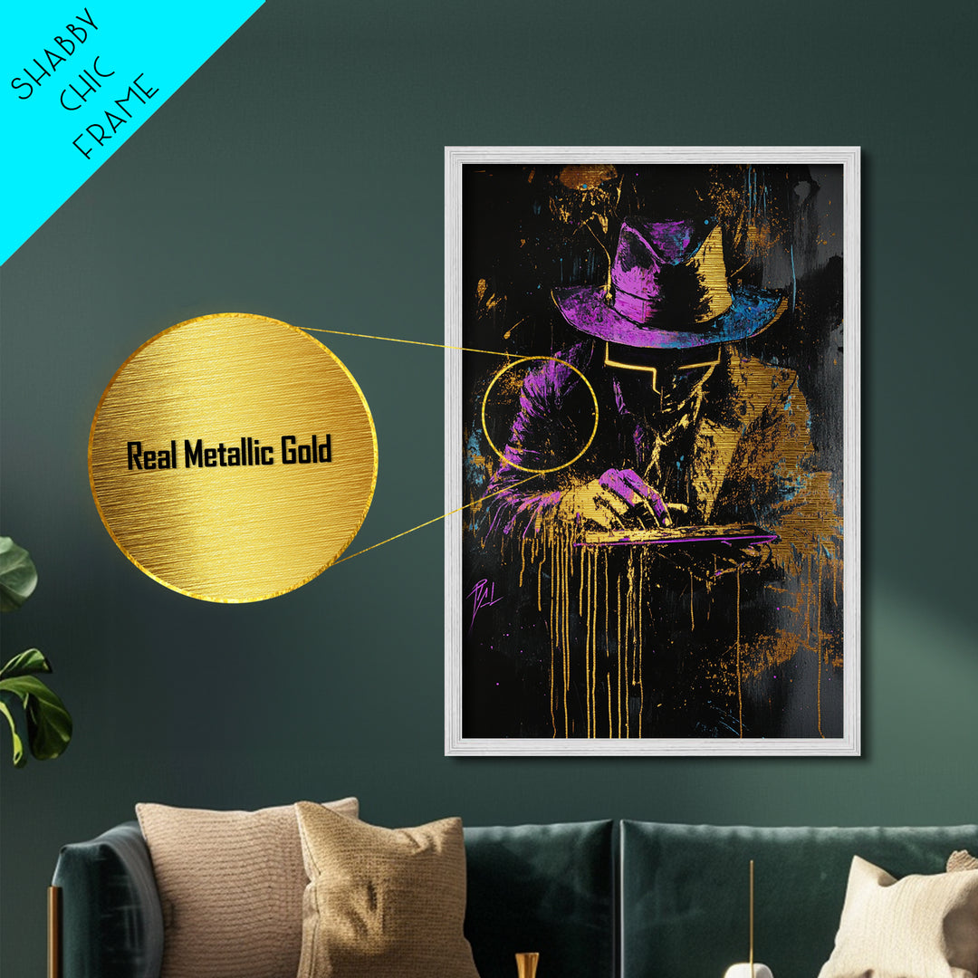 Neon Noir Detective Spooky Wall Art, Metallic Gold Art Metal Art Framed in Natural Wood, Halloween Gothic Cyberpunk Decor
