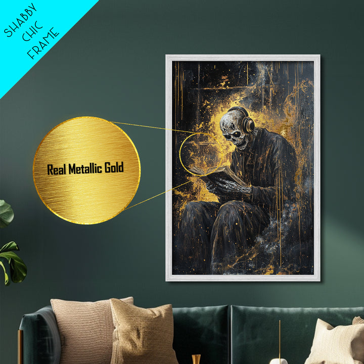 Skeleton Reading Book with Headphones Metallic Gold Art Metal Art | Gothic Spooky Halloween Wall Décor in Natural Wood Frame