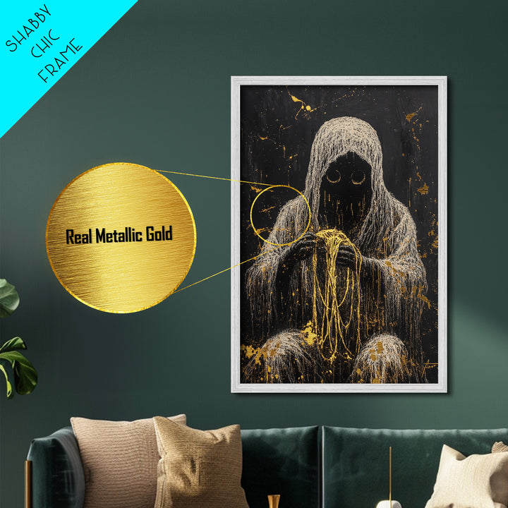 Creepy Hooded Figure with Threads Metallic Gold Art Metal Art | Haunted Gothic Halloween Wall Décor Framed in Solid Wood