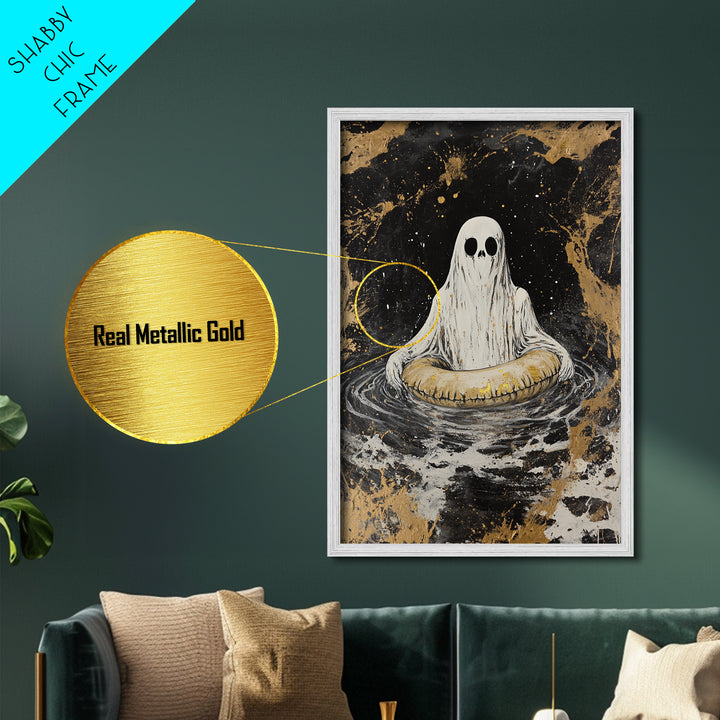 Ghost in Water with Inner Tube Metallic Gold Art Metal Art | Spooky Halloween Spirit Painting Gothic Horror Art with Wood Frame