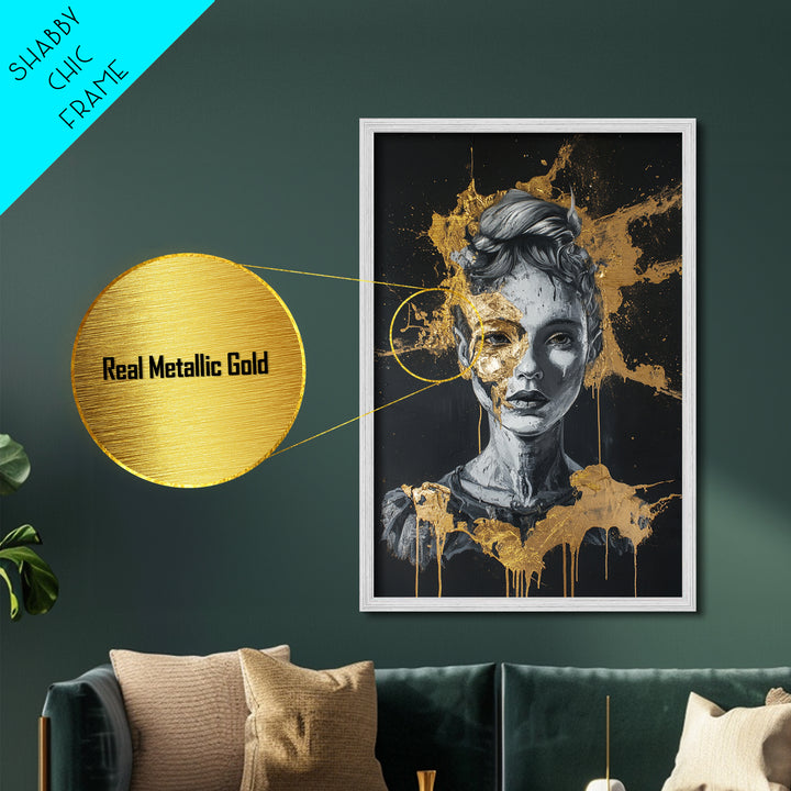 Broken Doll Portrait Metallic Gold Art Metal Art Creepy Gothic Halloween Wall Decor framed in authentic natural wood