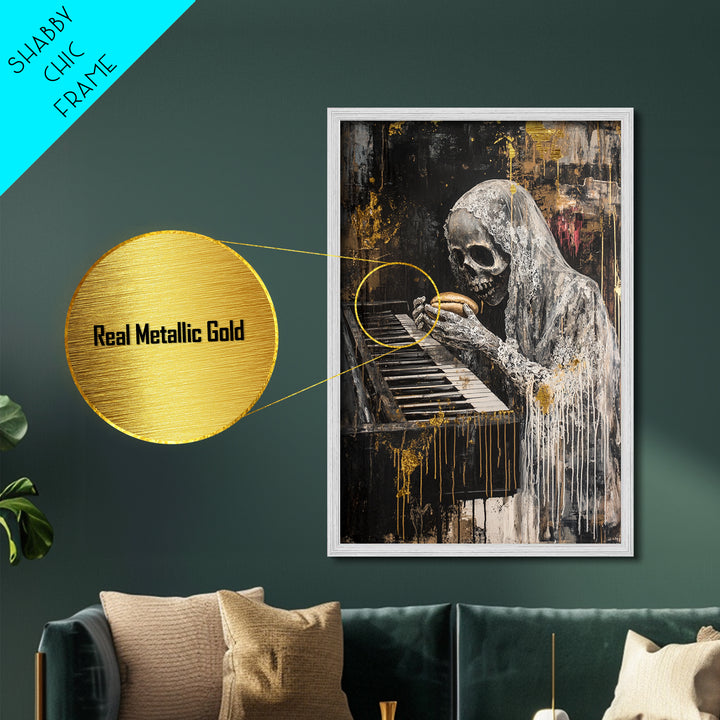 Skeleton at Piano Metallic Gold Art Metal Art Spooky Gothic Halloween Horror Wall Hanging in rustic real wood framing