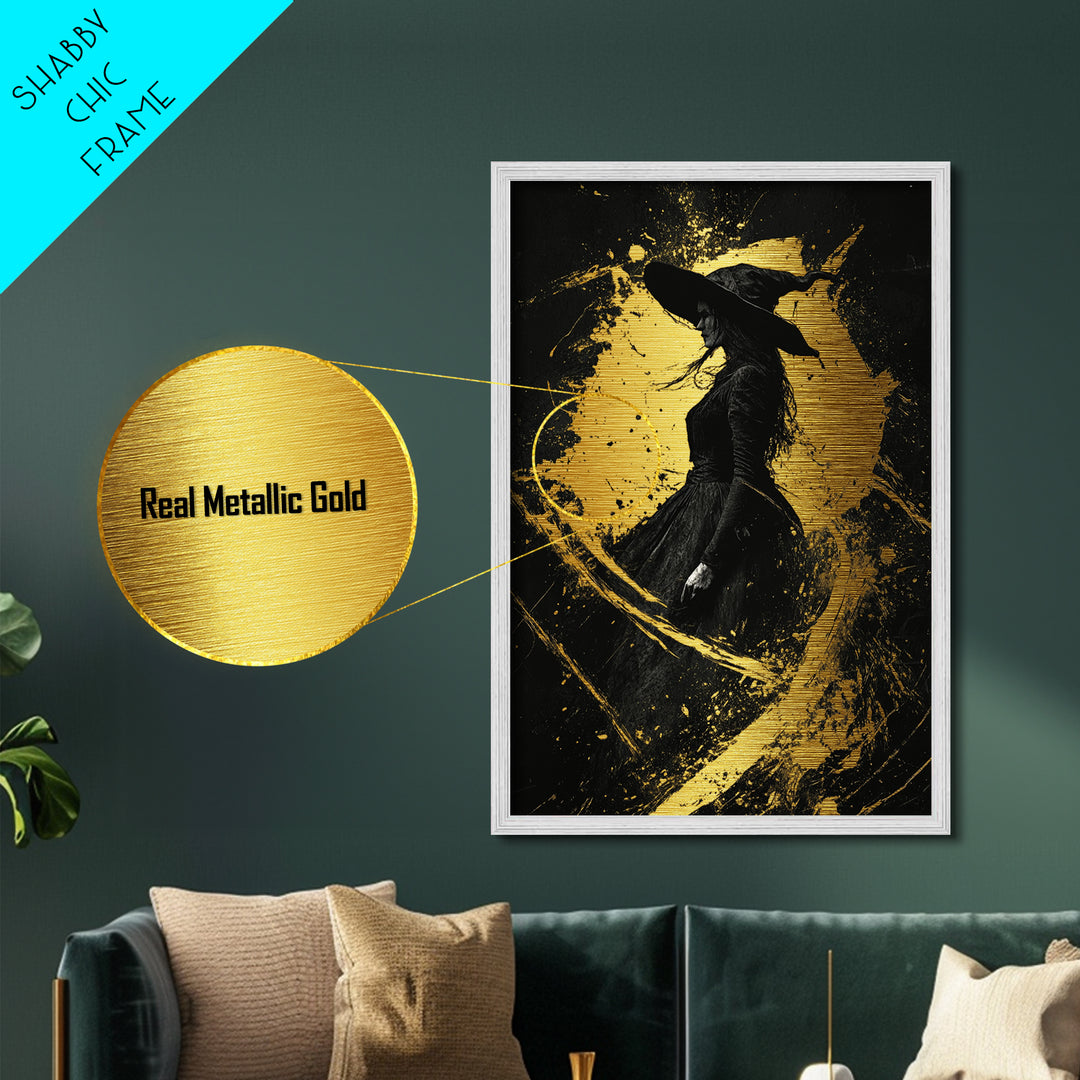 Haunted Witch Metallic Gold Art Metal Art Gothic Wall Decor With Real Wood Frame Spooky Halloween Witchy Home Accent