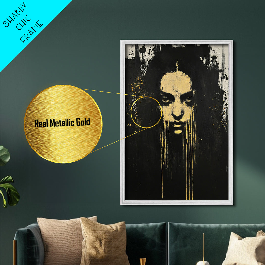 Gothic Horror Metallic Gold Art Metal Art Haunted Woman Portrait With Real Wood Framed Finish Spooky Halloween Wall Art