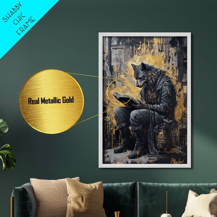 Haunted Wolf Scholar Reading Book | Spooky Halloween Gothic Metallic Gold Art | Framed Metal Art In Natural Real Wood