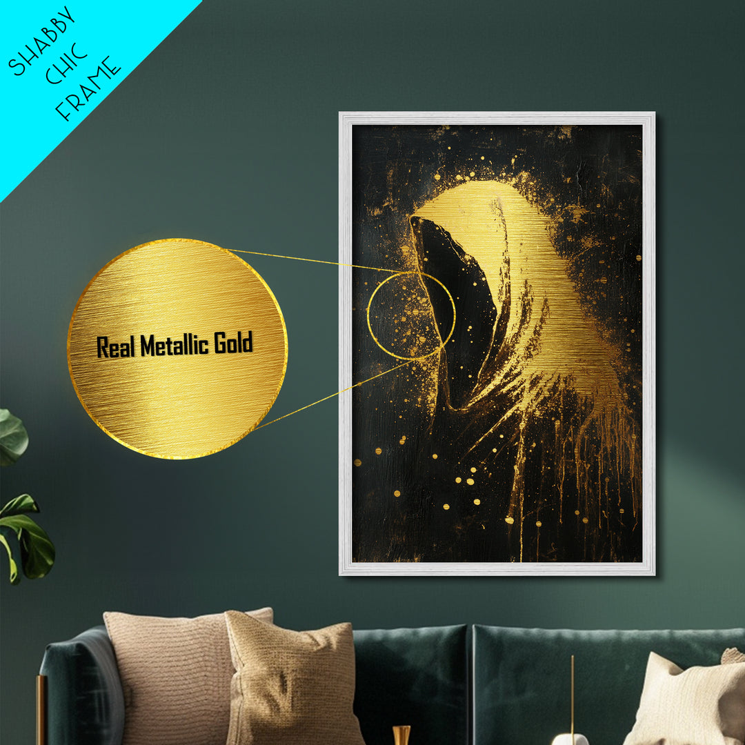 Creepy Hooded Phantom Aura | Horror Halloween Gothic Metallic Gold Art | Metal Art Wall Hanging With Real Wood Frame