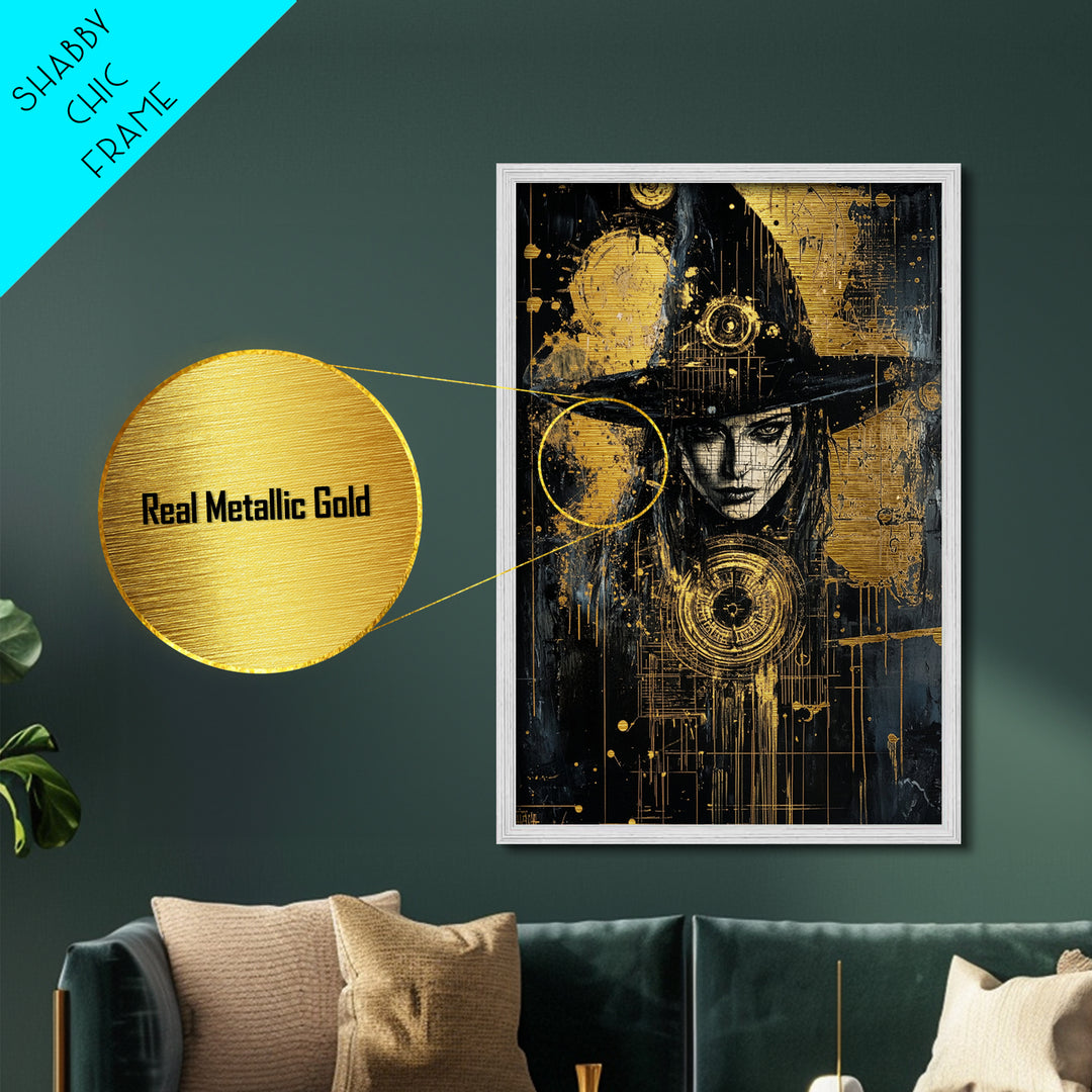 Witch In Gothic Hat With Symbols | Witchy Halloween Decor Metallic Gold Art | Intricate Metal Art Piece With Wood Frame