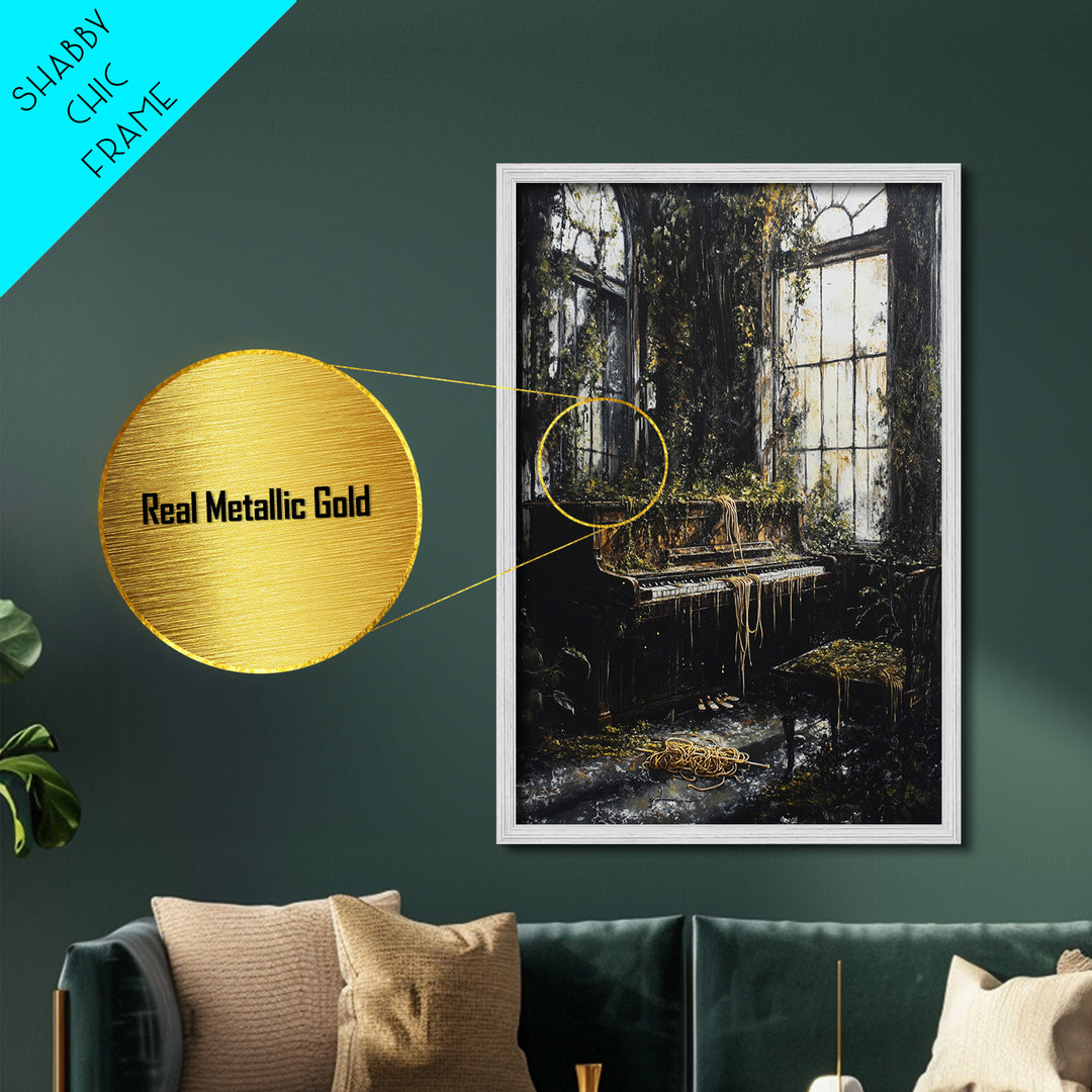 Haunted Abandoned Piano Room | Creepy Gothic Halloween Metallic Gold Art | Unique Metal Art Print With Framing In Wood