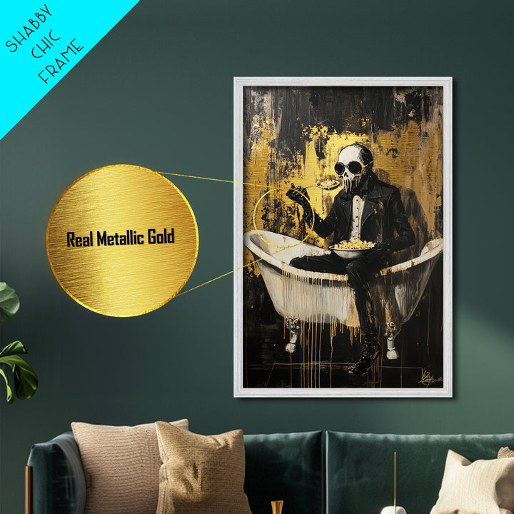 Skeleton Gentleman In Bathtub Eating | Dark Halloween Horror Metallic Gold Art | Macabre Metal Art Framed In Solid Wood
