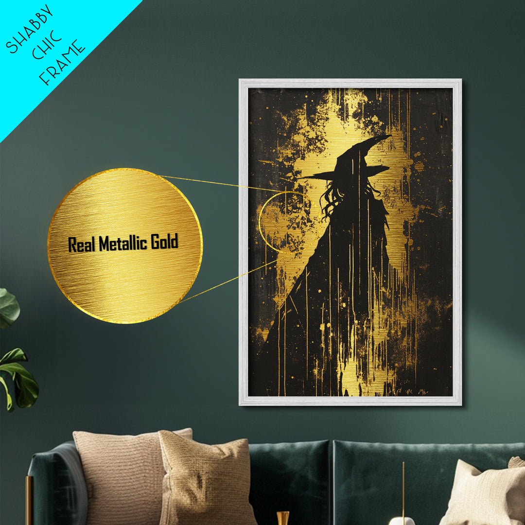 Witch Silhouette With Dripping Paint | Gothic Haunted Halloween Metallic Gold Art | Striking Metal Art Framed In Real Wood