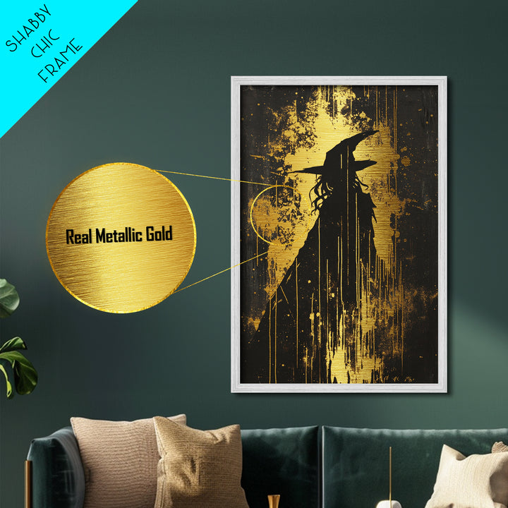 Witch Silhouette With Dripping Paint | Gothic Haunted Halloween Metallic Gold Art | Striking Metal Art Framed In Real Wood