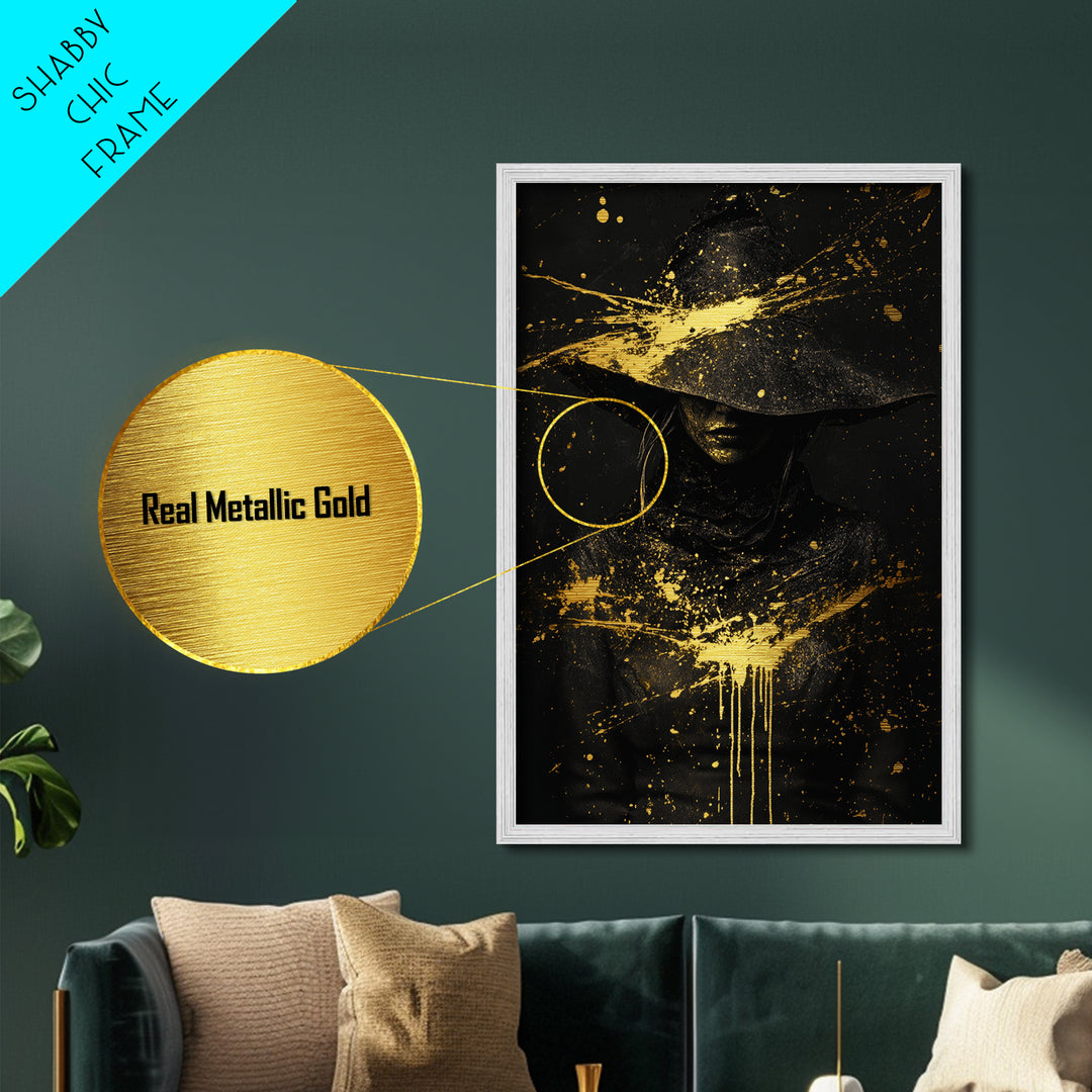Haunted Witch Portrait Metal Art Metallic Gold Art | Creepy Halloween Wall Hanging With Natural Wood Frame