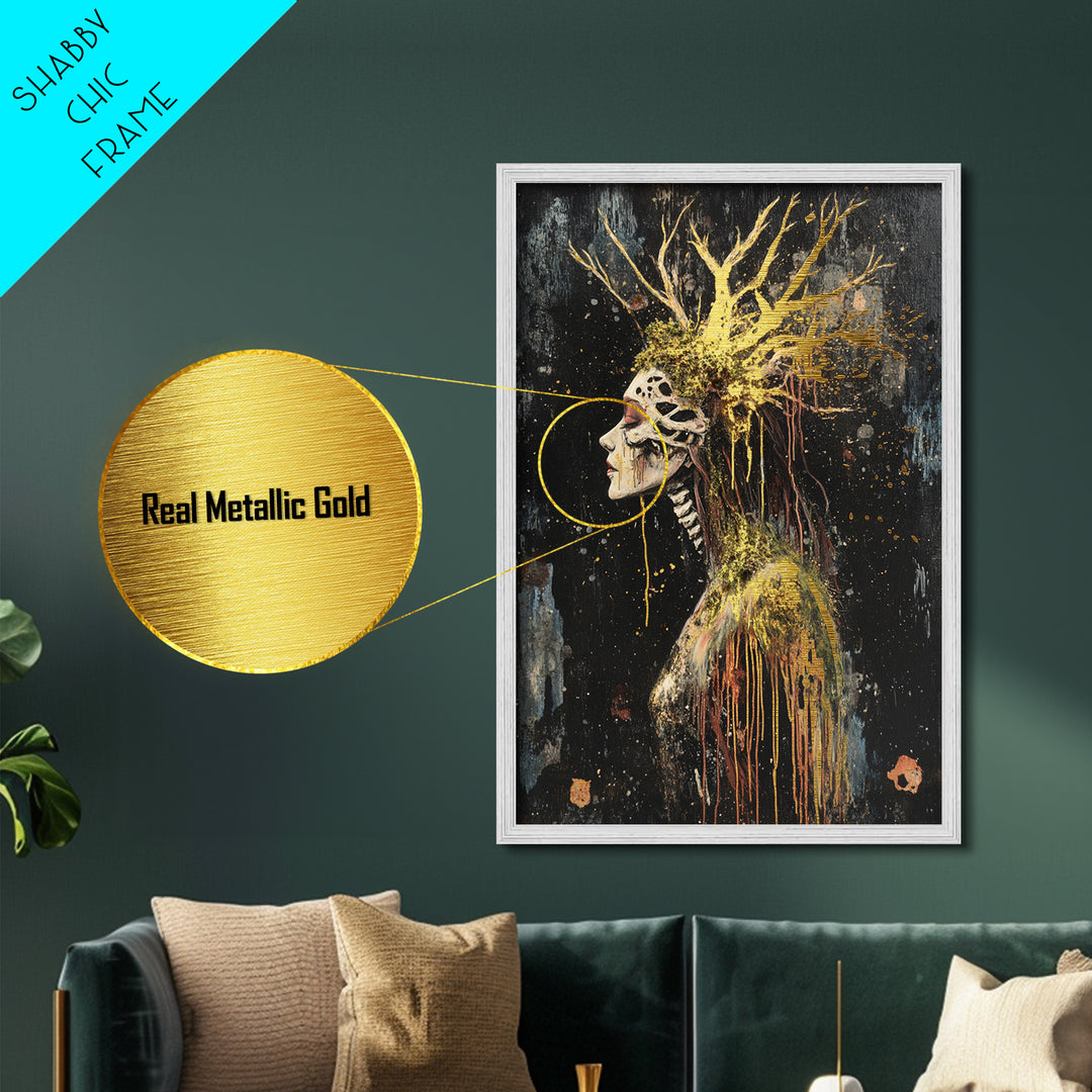 Skeleton Forest Queen Metallic Gold Art Metal Art | Gothic Halloween Decor With Real Wood Framing For Spooky Season