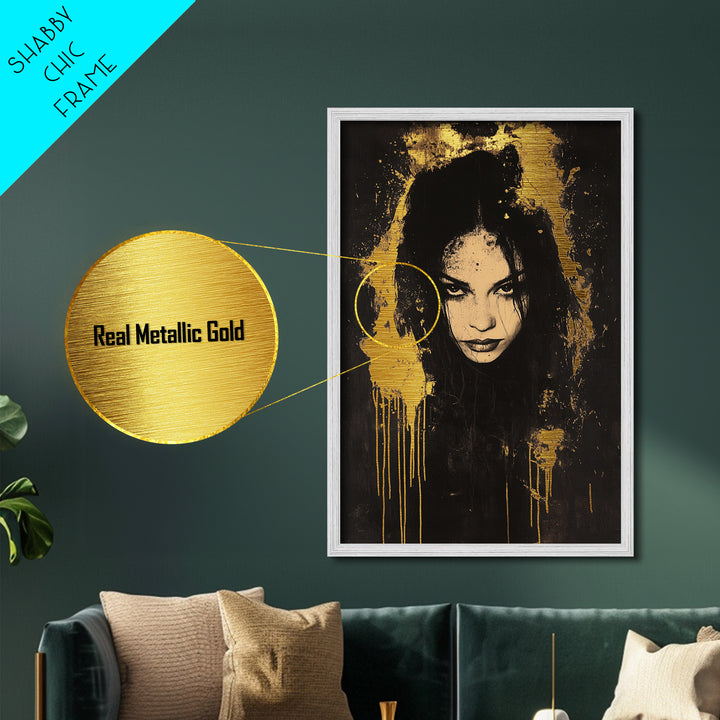 Haunted Woman’s Face Metallic Gold Art, Gothic Spooky Metal Art, Halloween Horror Wall Hanging in Real Wood Frame