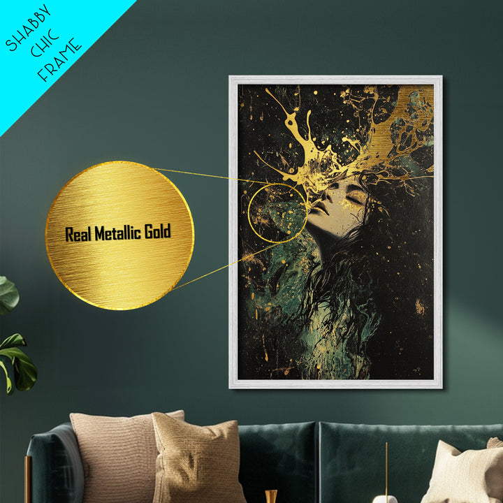 Floral Crown Witch Portrait Metallic Gold Art, Haunted Season Metal Art, Gothic Wall Painting with Natural Wood Frame