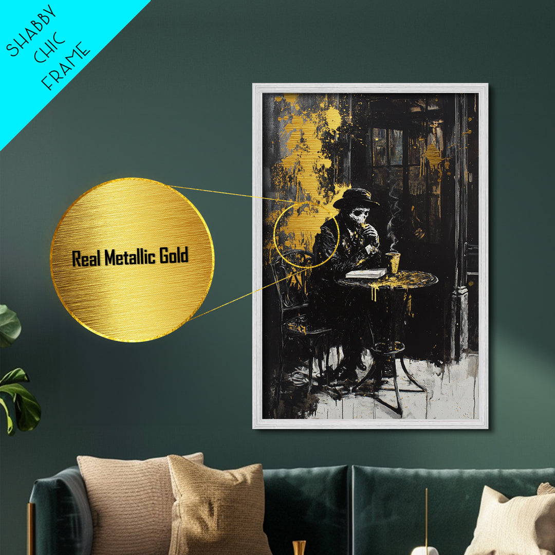 Haunted Café Skeleton Metallic Gold Art, Creepy Gothic Coffee Scene Metal Art, Halloween Wall Decor With Real Wood Frame