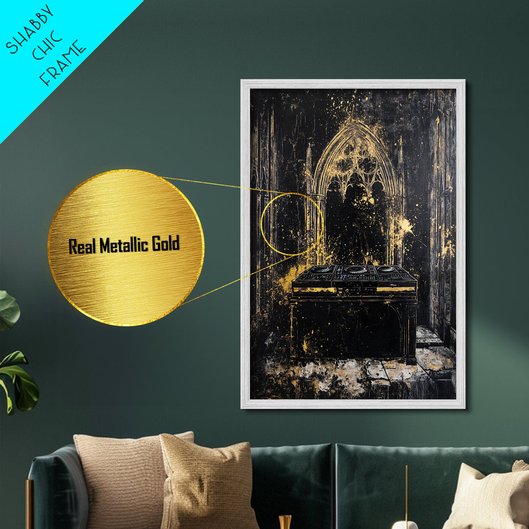 Cathedral DJ Metallic Gold Art, Gothic Haunted Music Scene Metal Art, Spooky Halloween Wall Decor Framed In Real Wood