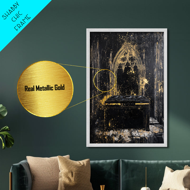 Cathedral DJ Metallic Gold Art, Gothic Haunted Music Scene Metal Art, Spooky Halloween Wall Decor Framed In Real Wood