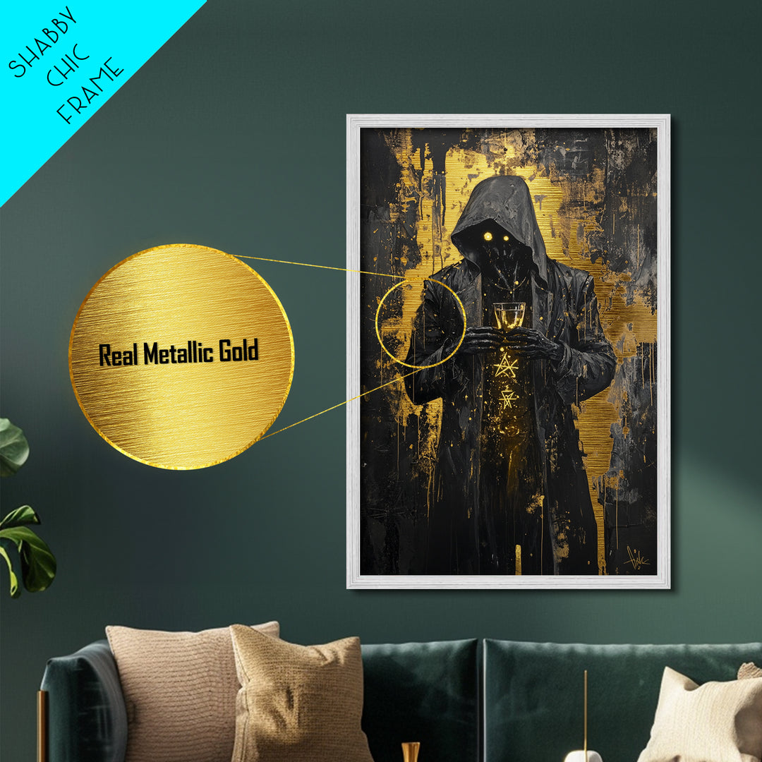 Dark Hooded Figure Metallic Gold Art, Spooky Gothic Horror Portrait Metal Art, Halloween Wall Decor In Real Wood Frame