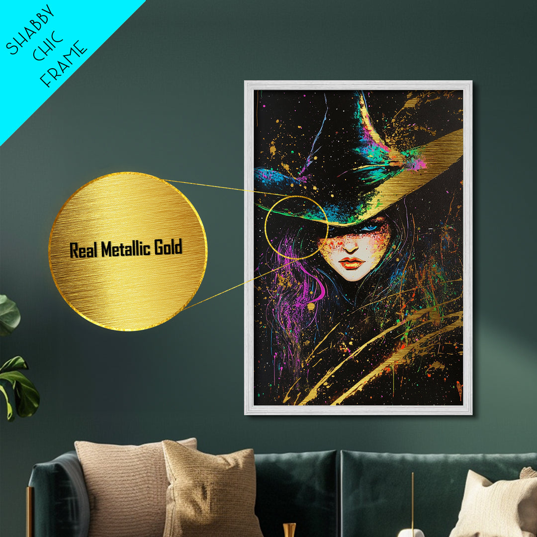 Witchy Woman Halloween Portrait Metallic Gold Art Metal Art With Gothic Spooky Style Framed In Natural Real Wood