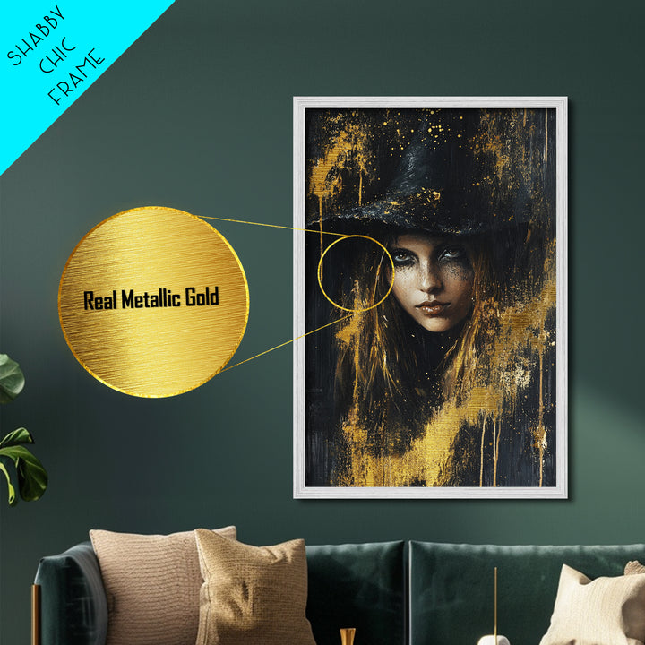 Haunted Golden Witch Metallic Gold Art Metal Art For Halloween Gothic Home Decor With Real Wood Frame