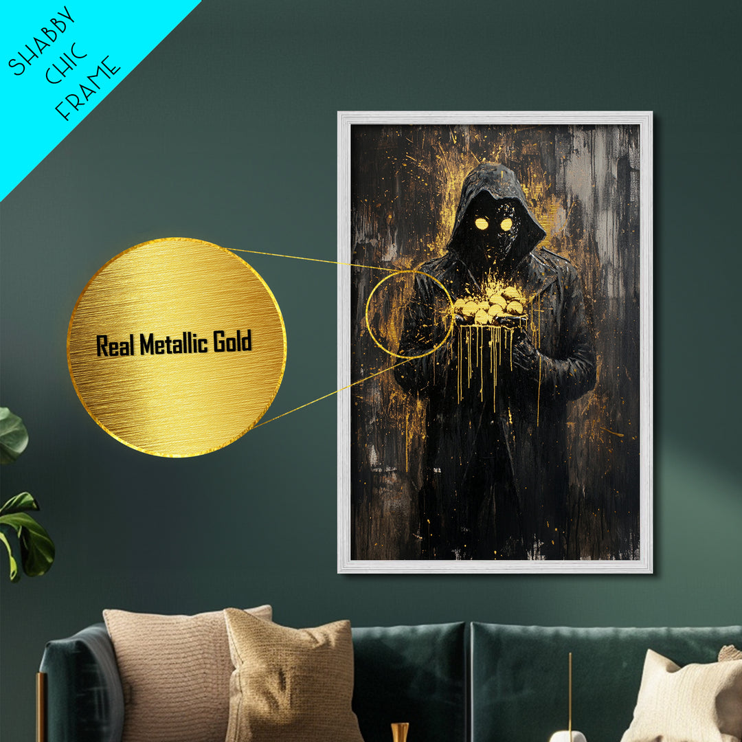 Creepy Hooded Figure Holding Eggs Metallic Gold Art Metal Art Haunted Spooky Season Wall Decor With Natural Wood Frame