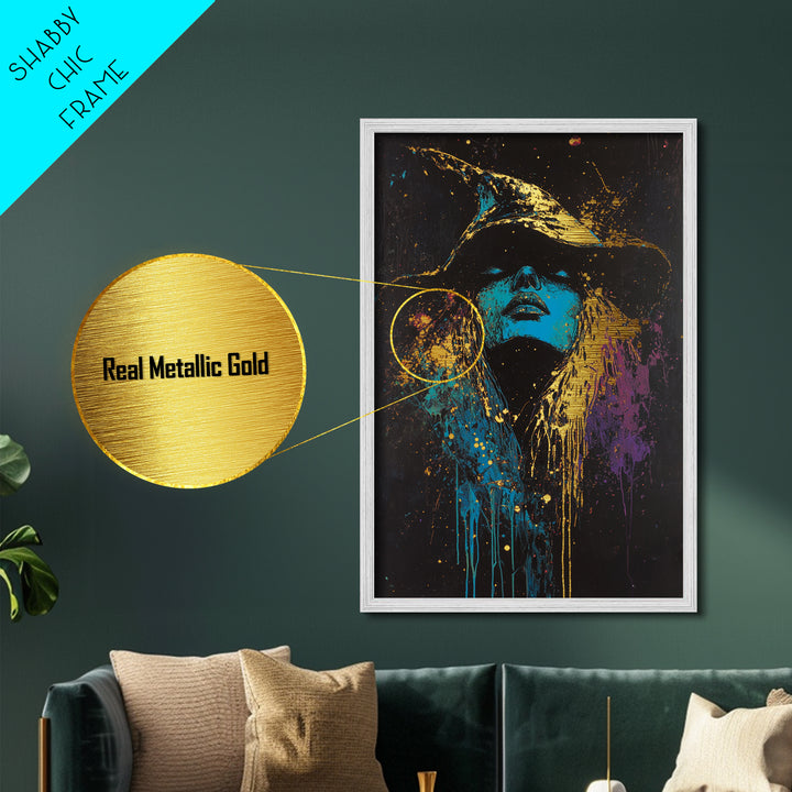 Witch Hat Gothic Glow Metallic Gold Art Metal Art Spooky Halloween Abstract Drip Painting Framed In Real Wood