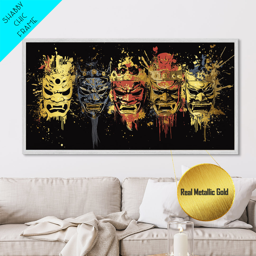 Tribal Mask Metallic Gold Art, Primitive Splatter Metal Print, Real Wood Frame Wall Décor, Ethnic Gothic Statement Artwork