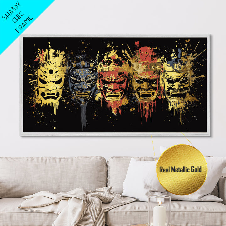 Tribal Mask Metallic Gold Art, Primitive Splatter Metal Print, Real Wood Frame Wall Décor, Ethnic Gothic Statement Artwork