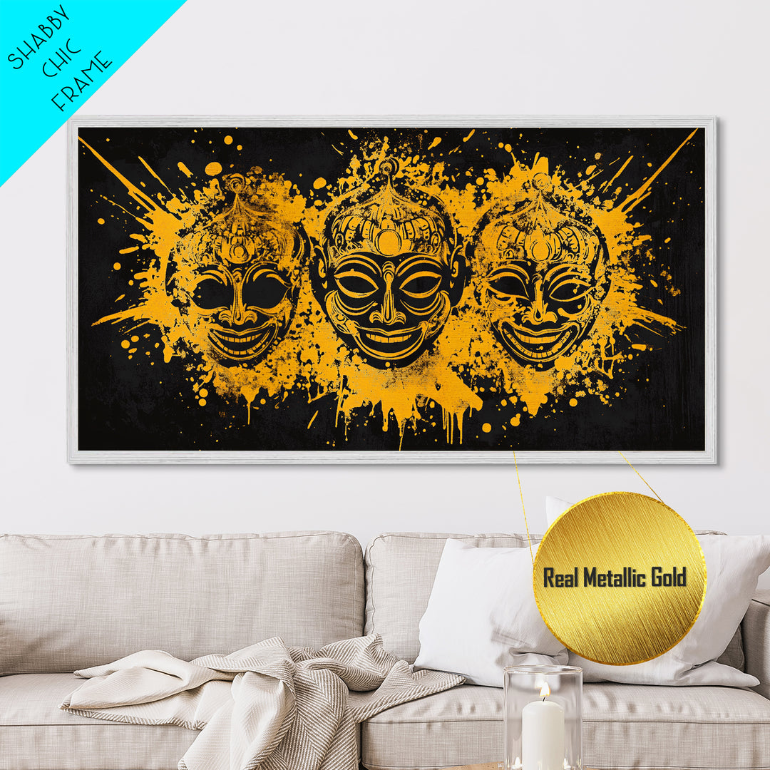 Ancient Warrior Mask Metallic Gold Art, Tribal Splatter Metal Print, Real Wood Frame Wall Décor, Bold Dramatic Statement Art