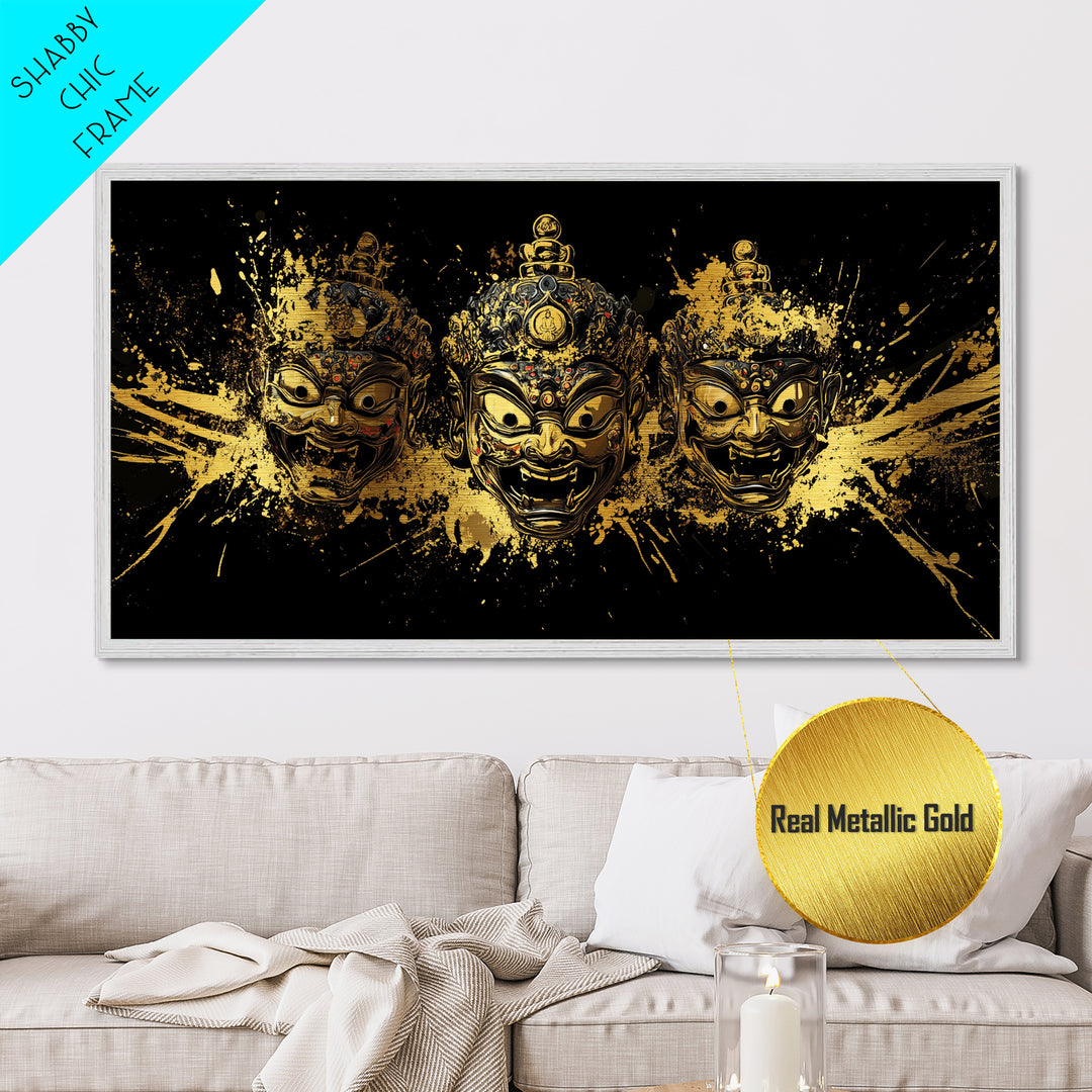Theatrical Mask Metallic Gold Metal Print, Gothic Splatter Art On Metal, Real Wood Frame Wall Décor, Dark Drama Statement Art