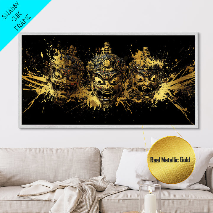 Theatrical Mask Metallic Gold Metal Print, Gothic Splatter Art On Metal, Real Wood Frame Wall Décor, Dark Drama Statement Art
