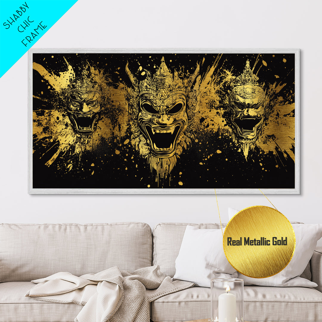 Royal Mask Metallic Gold Art, Splatter Metal Print With Ornate Details, Real Wood Frame Wall Décor, Dramatic Theater Artwork