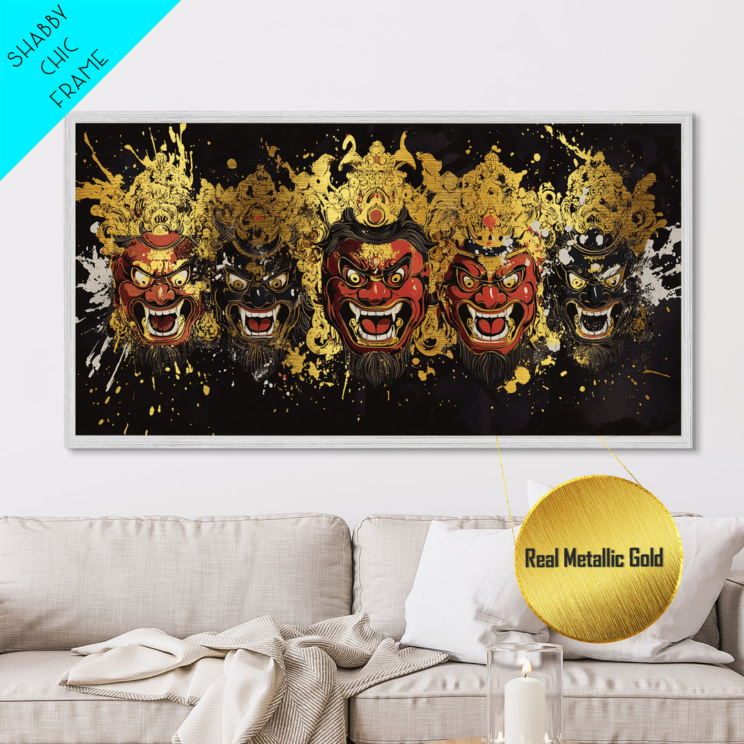Abstract Mask Metallic Gold Metal Print, Splatter Art On Metal Wall Décor, Real Wood Frame, Gothic Dark Statement Artwork