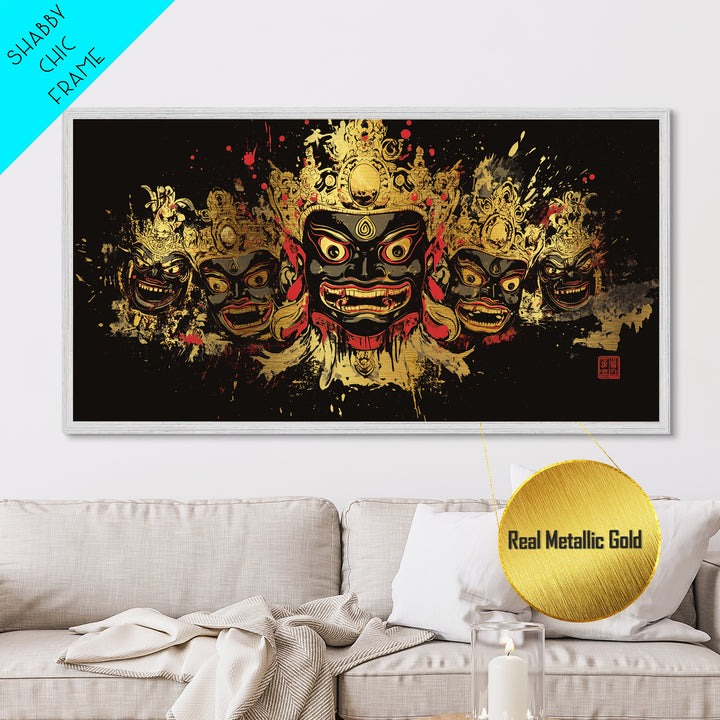 African Tribal Mask Metallic Gold Art, Ethnic Splatter Metal Print, Real Wood Frame Wall Décor, Cultural Bold Statement Artwork