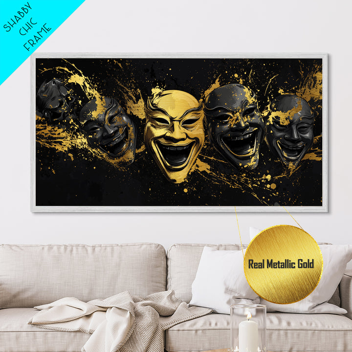 Fierce Demon Mask Metallic Gold Metal Print, Splatter Abstract Mask Art On Metal, Real Wood Frame Wall Décor, Bold Gothic Artwork